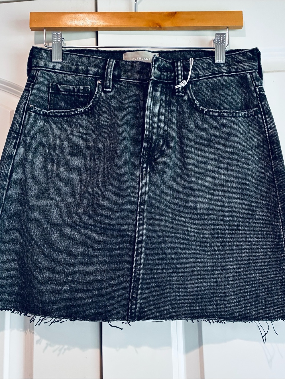 Everlane Black Washed Denim Skirt Frayed Hem Size 27